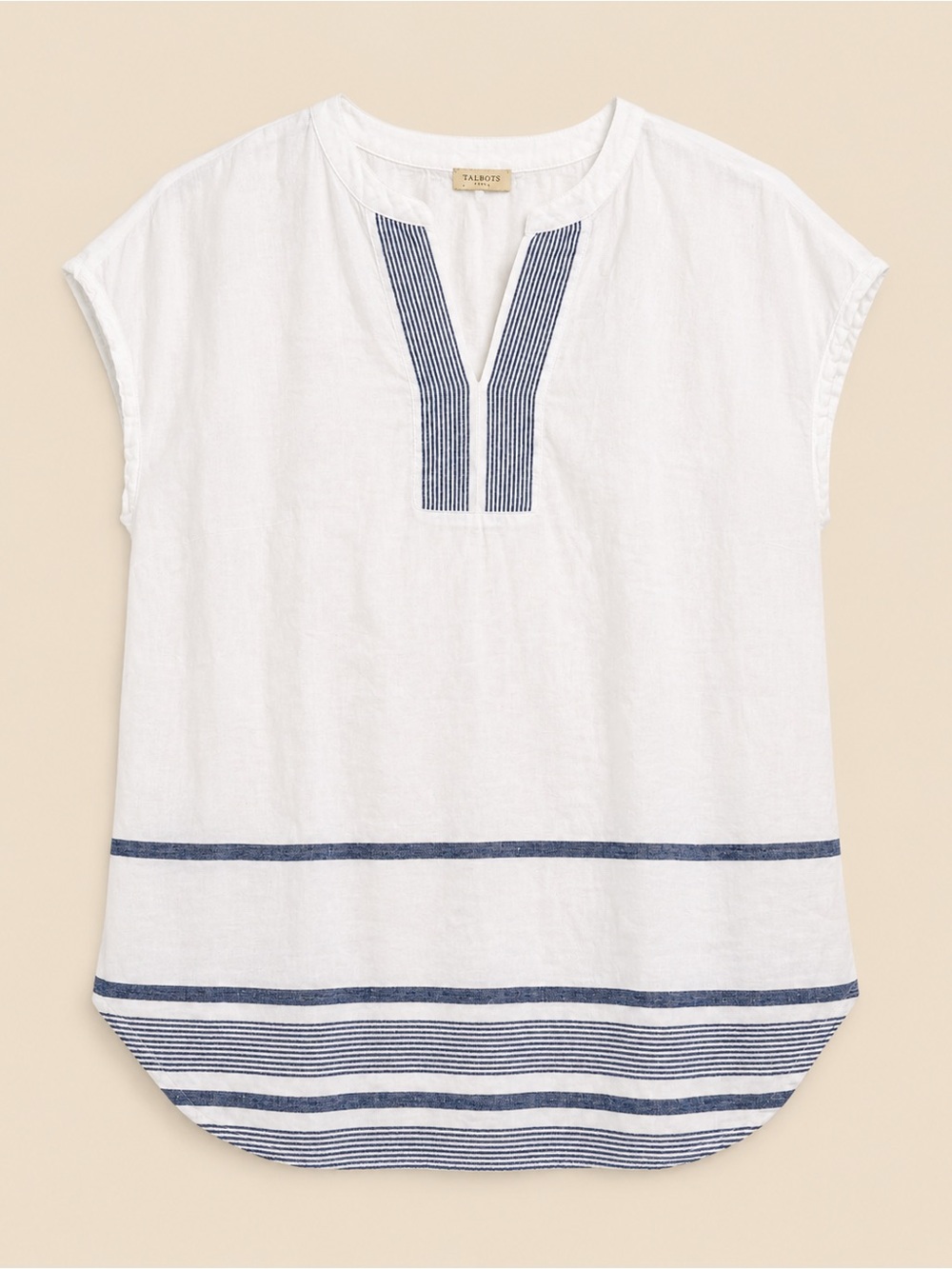Talbots White Linen Cotton Blend Short-Sleeve Tunic with Navy Stripe Detail- M